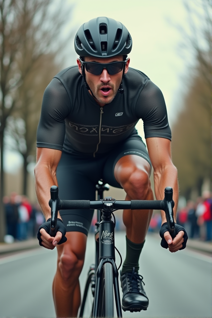 A cyclist in a black outfit is racing on a road, wearing a helmet and sunglasses.