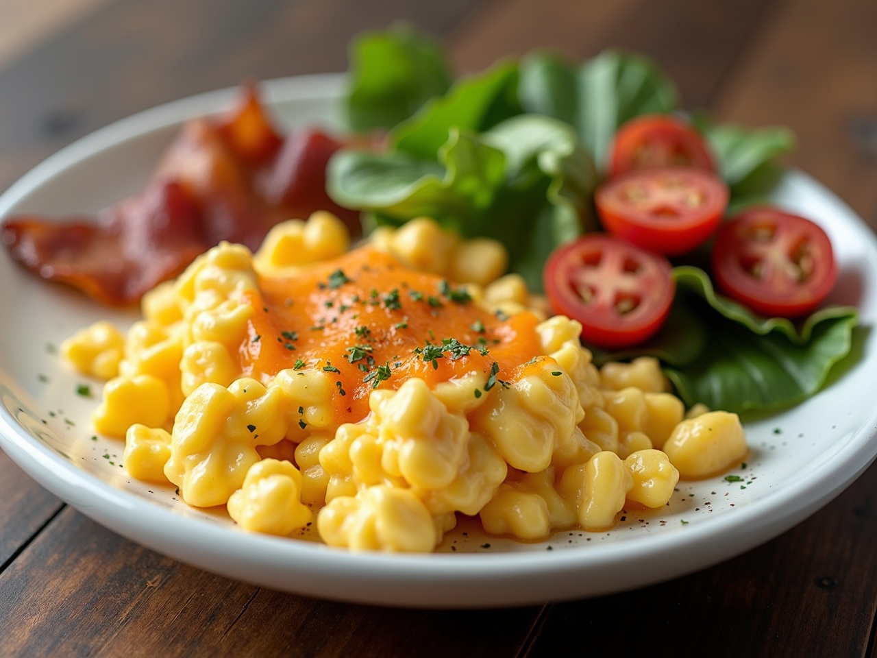 This image showcases a delicious plate of scrambled eggs topped with melted cheese. Beside it, crispy bacon adds a savory touch. Fresh greens and vibrant cherry tomatoes complete the dish, presenting a balanced meal. The lighting highlights the creamy texture of the eggs. It's a perfect illustration of a hearty breakfast option.