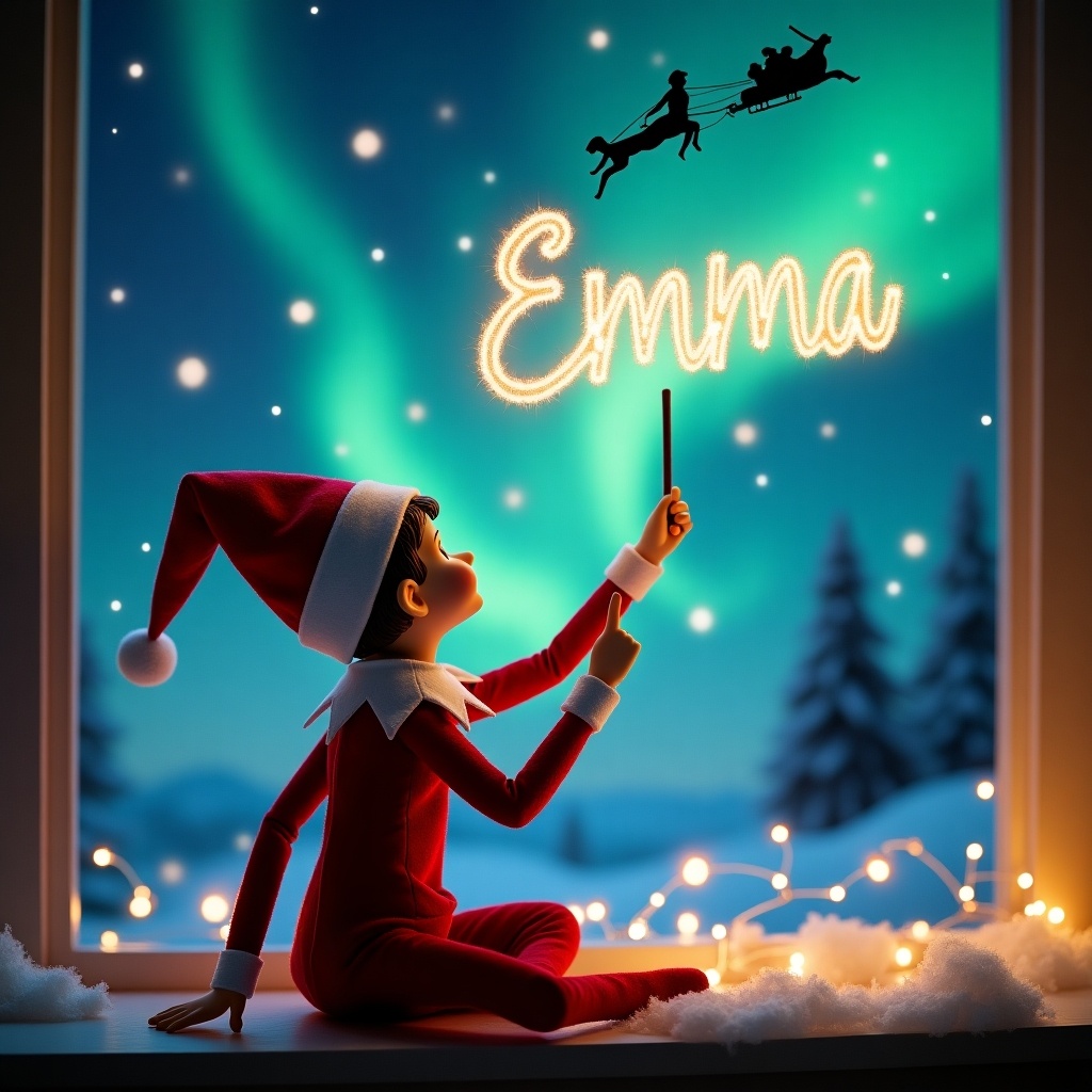 Elf on the Shelf facing the sky using a wand to write in a magical Christmas scene. Background features northern lights and Santa. Name Emma elegantly written in the sky.