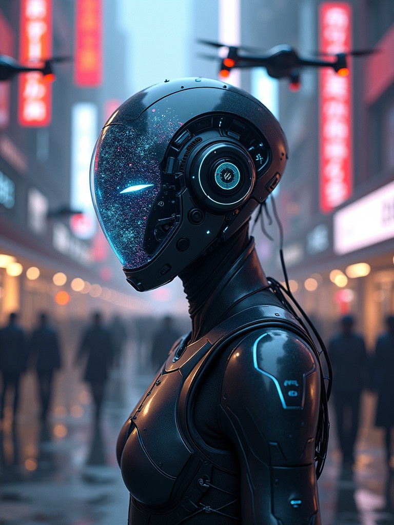 Depiction of a futuristic cyborg with a helmet featuring holographic interfaces. Neon-lit urban street scene with flying drones and pedestrians under glowing advertisements.