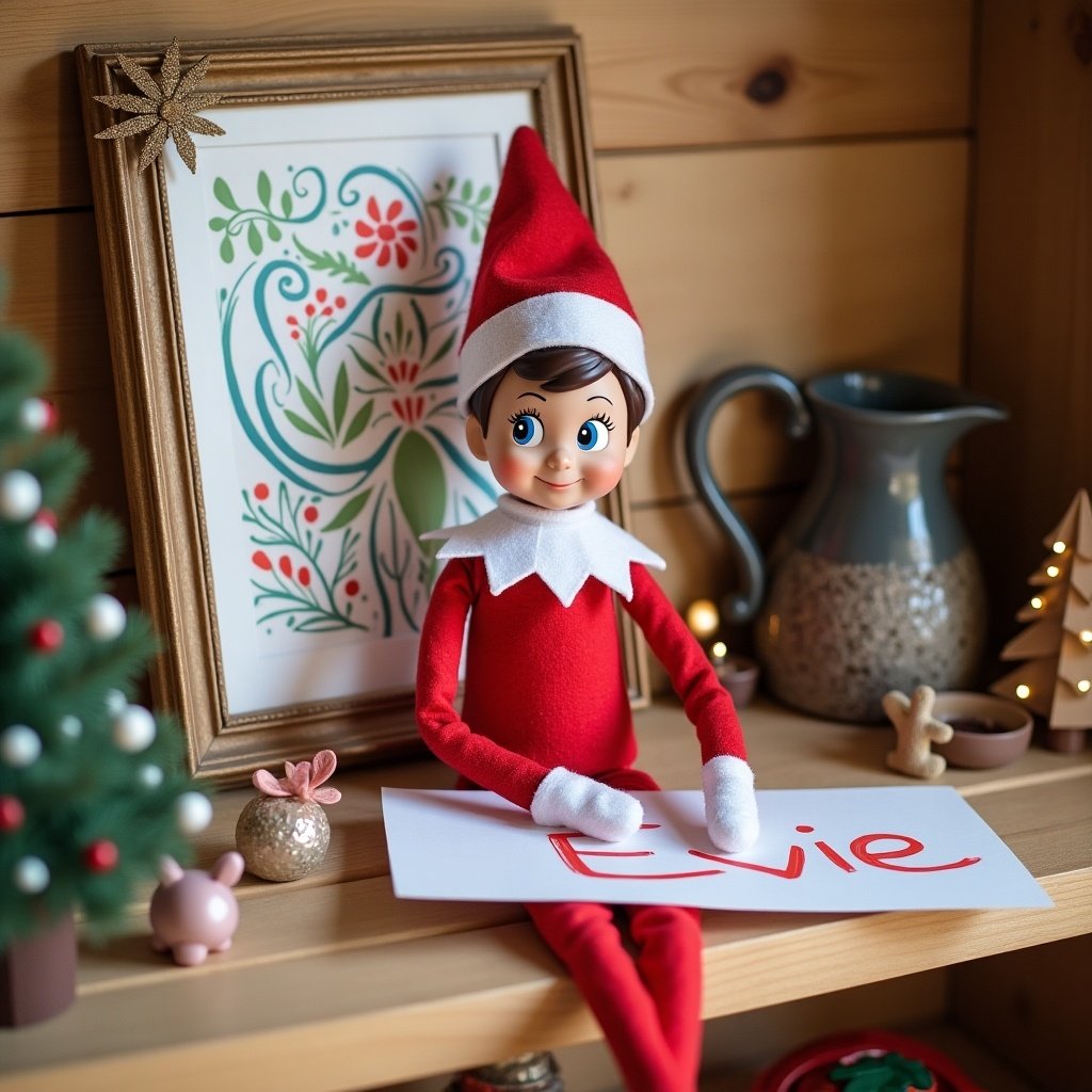 An elf character displays a name Evie on a sign. Surroundings include a decorated Christmas tree. Additional elements are a framed artwork and a cozy shelf setting.