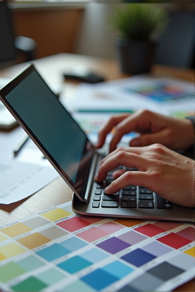 A person working on a laptop surrounded by color swatches, suggesting design work.