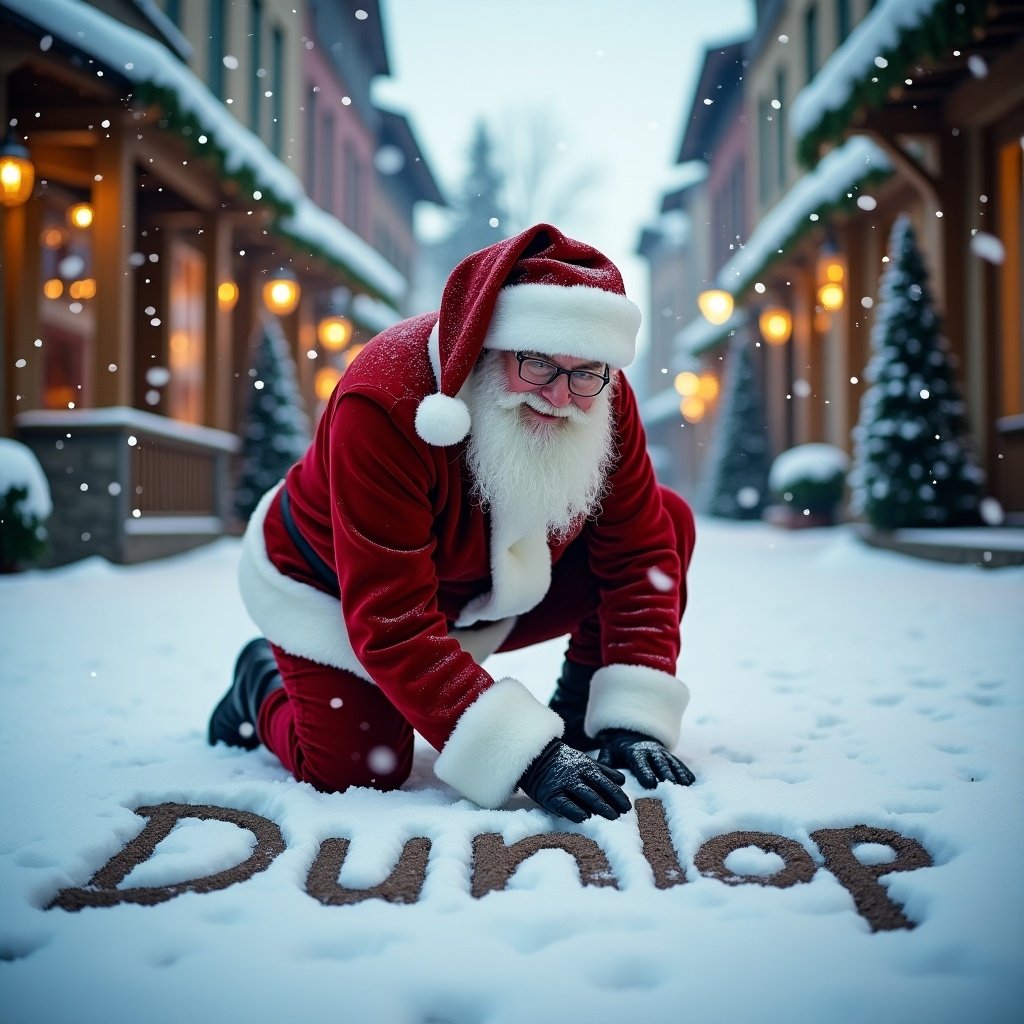 Santa Claus kneels in snow to write 'Dunlop'. Snowy street with festive buildings. Holiday spirit is evident in warm light and scenery.