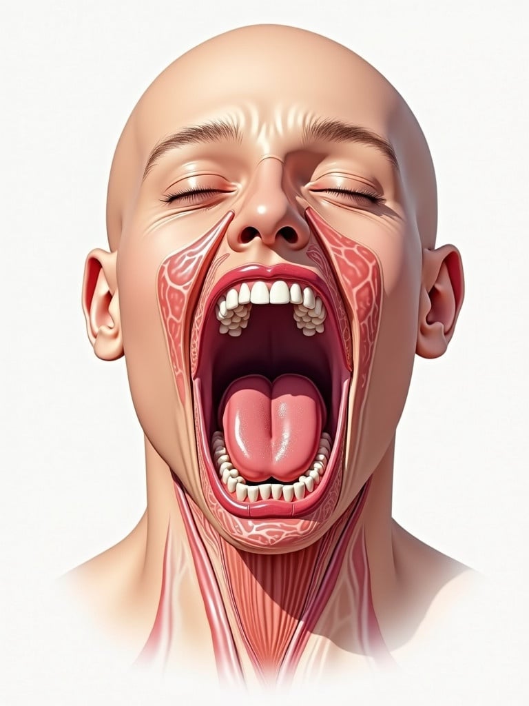 Anatomy illustration of a human head with an open mouth show muscle and dental structure. Illustration focuses on neck and jaw areas, skin detail visible.