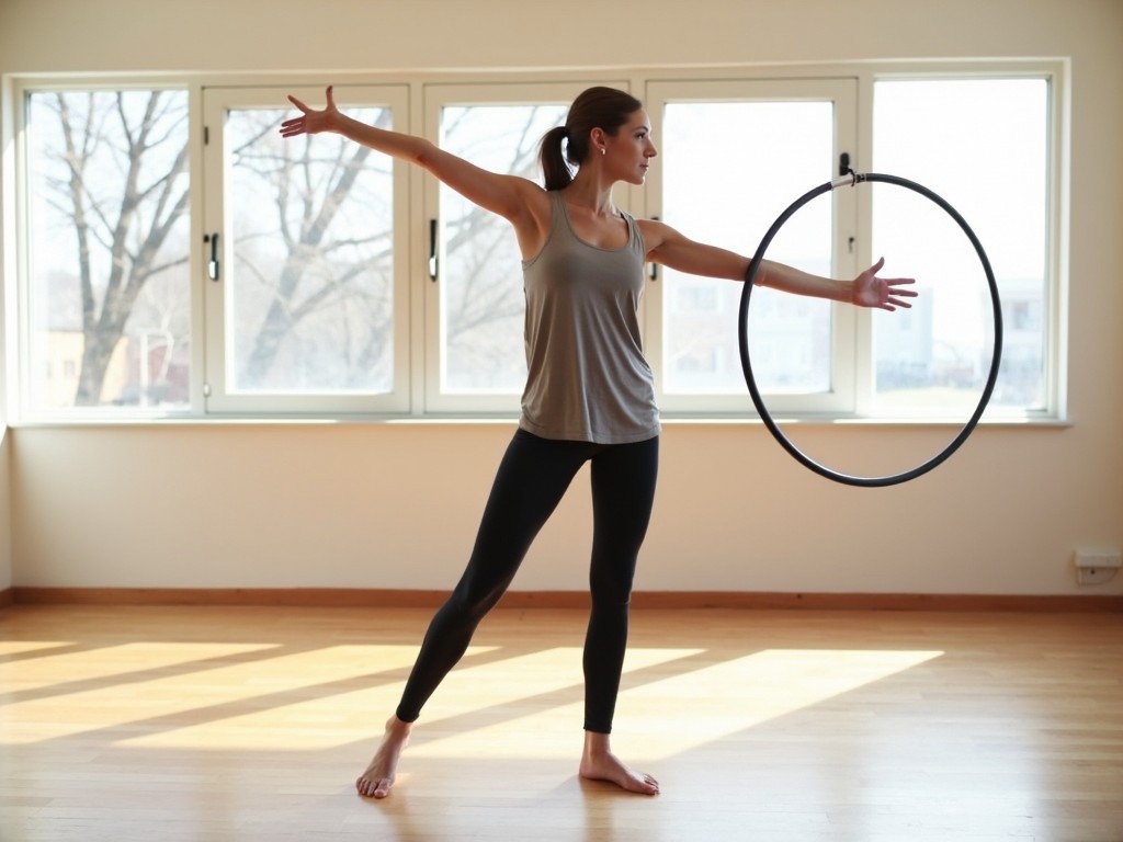 In a spacious room with plenty of natural light, a woman gracefully dances with a hoop in her hand. She stands on one leg while the other is slightly raised, showcasing her balance and poise. Her arms stretch out wide, creating a sense of freedom and expression. The soft wooden floor complements the neutral colors of her outfit. This scene captures the beauty of movement and the art of dance.