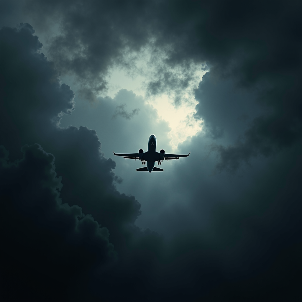 A dramatic silhouette of an airplane flying through dark, clouded skies.