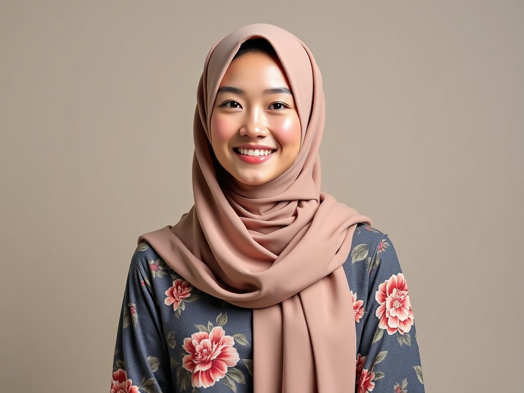 The image features a young woman with a warm smile, wearing a soft beige hijab and a floral-patterned top. She stands against a subtle beige background, which complements her attire. The lighting is soft, enhancing her natural features and creating an inviting atmosphere. The portrait emphasizes cultural attire and showcases modest fashion. Her expression reflects happiness and confidence, making the image relatable and inviting.