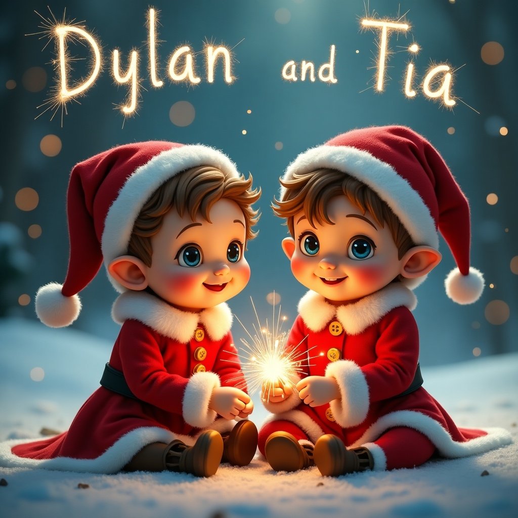 Image of two children celebrating Christmas. One boy and one girl both aged three. They have brown hair and blue eyes. They sit together in snow wearing Santa outfits. They hold a sparkling light. Names Dylan and Tia are written in the sky with sparkler effects.