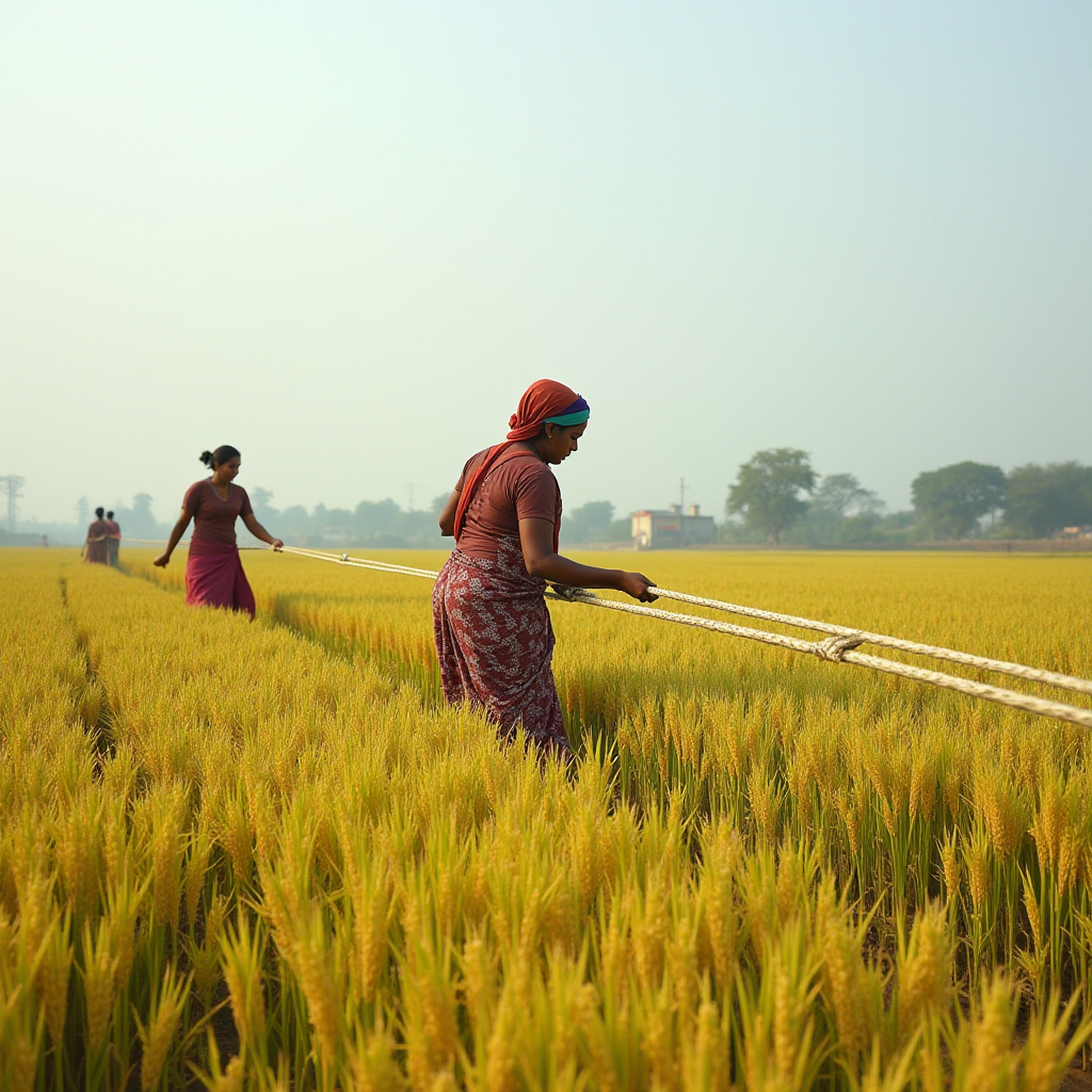 The image captures a serene agricultural scene where two women are working in a lush, golden rice paddy. They are dressed in traditional attire, with headscarves and long skirts, and are engaged in a farming activity that involves pulling a rope or line across the fields. The rice plants are mature and ready for harvest, as indicated by their golden hue. The fields stretch out toward the horizon, and the background features a hazy sky with a few scattered trees and a distant building, suggesting a rural setting.