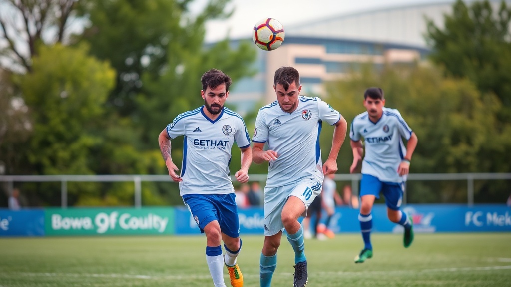 The image captures a dynamic moment in a soccer match with players in white and blue jerseys vying for the ball. The central focus is on two players intensely competing for a header, while a teammate follows closely behind. The background features lush greenery and an out-of-focus modern building, suggesting a community sports field setting.