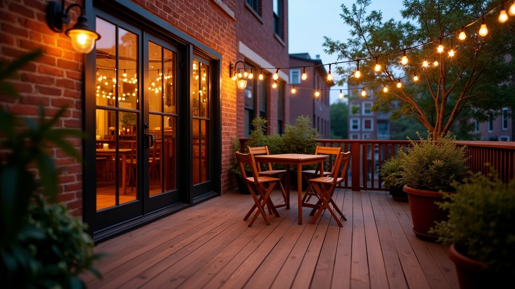 This image captures the serene ambiance of a quaint patio during twilight. String lights create a warm, inviting glow that contrasts with the cool twilight hue of the sky. The rustic wooden furniture and potted plants enhance the cozy atmosphere, perfectly blending the interior and exterior spaces with the soft light streaming through the glass doors.