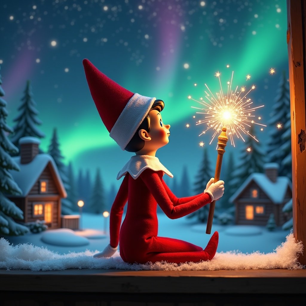 Elf on the shelf sits looking skyward. Elf holds glowing wand. Colorful northern lights fill the background. Cozy house is visible. Snow covers the ground. Elf represents magic of Christmas. Name Brody & Aniston appears from wand.