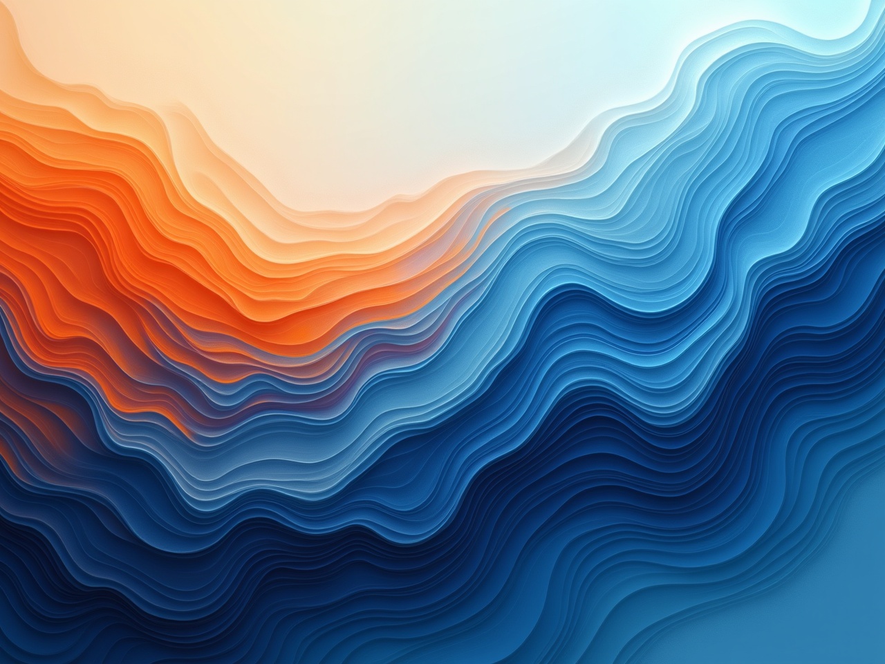 This image features a fluid blend of blue and orange waves that flow seamlessly into one another. The colors are presented in equal proportions, creating a harmonious balance. The design is abstract and evokes a sense of calm and movement. The soft gradient lighting enhances the soothing effect of the image. This artwork is ideal for backgrounds, wallpapers, and other design applications.