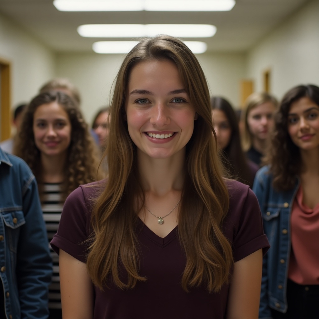 Young girl smiling in a high school hallway with friends. She represents youth and potential.