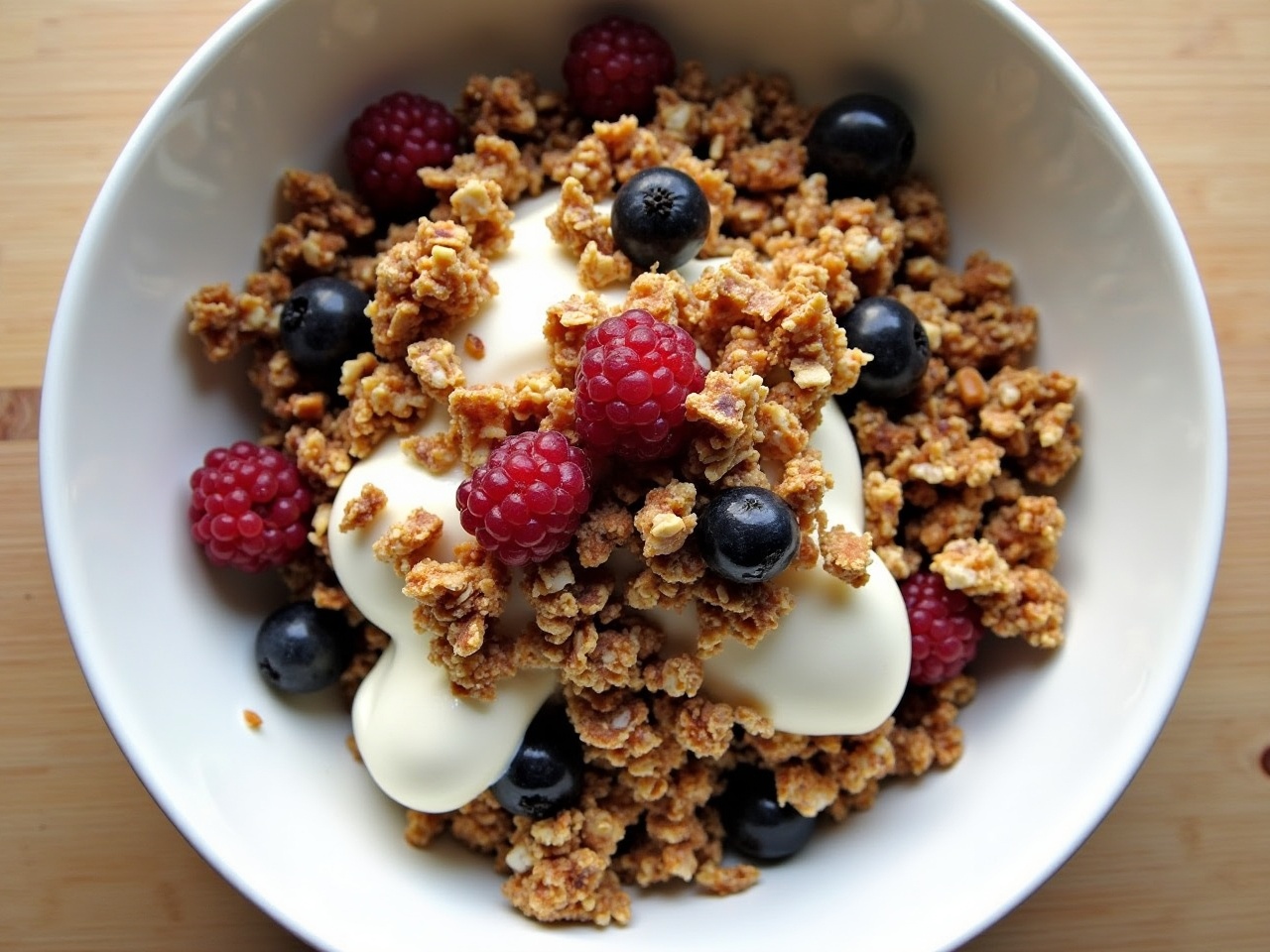 This image features a delicious bowl of granola topped with creamy yogurt, fresh honey, and a medley of berries, including raspberries and blueberries. The dish is arranged attractively in a large, white bowl. The golden-brown granola adds a crunchy texture, while the yogurt provides a smooth contrast. This healthy breakfast option not only looks appealing but is also nourishing. Perfect for a nutritious start to the day or a wholesome snack at any time.