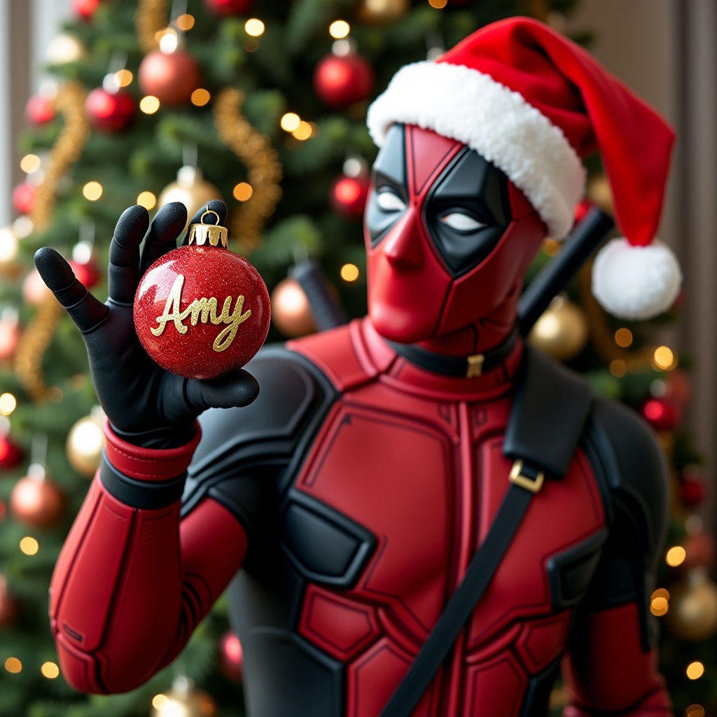 Deadpool in Christmas outfit holds bauble with name Amy on it. Christmas tree in background creates festive atmosphere.