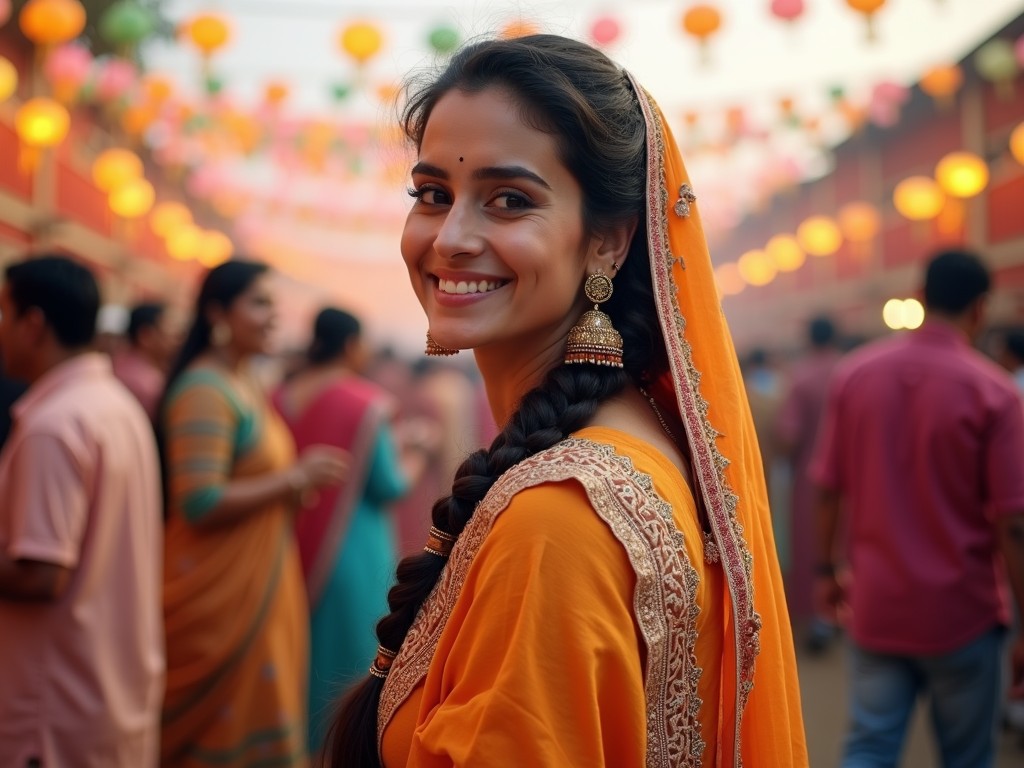 This image captures a woman in traditional attire smiling warmly amidst a bustling festival setting. Her bright orange dress is richly embroidered, complimented by traditional jewelry and an intricate hair braid. The background is filled with blurred figures and vibrant hanging lanterns, creating a lively and colorful atmosphere.