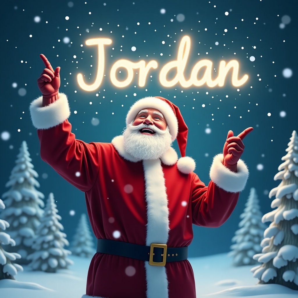 Santa Claus stands joyfully in a winter scene wearing a red suit. Snowflakes fall around him. He points upward as if writing in the sky. The name 'Jordan' glows brightly above. Snow-covered trees can be seen in the background.