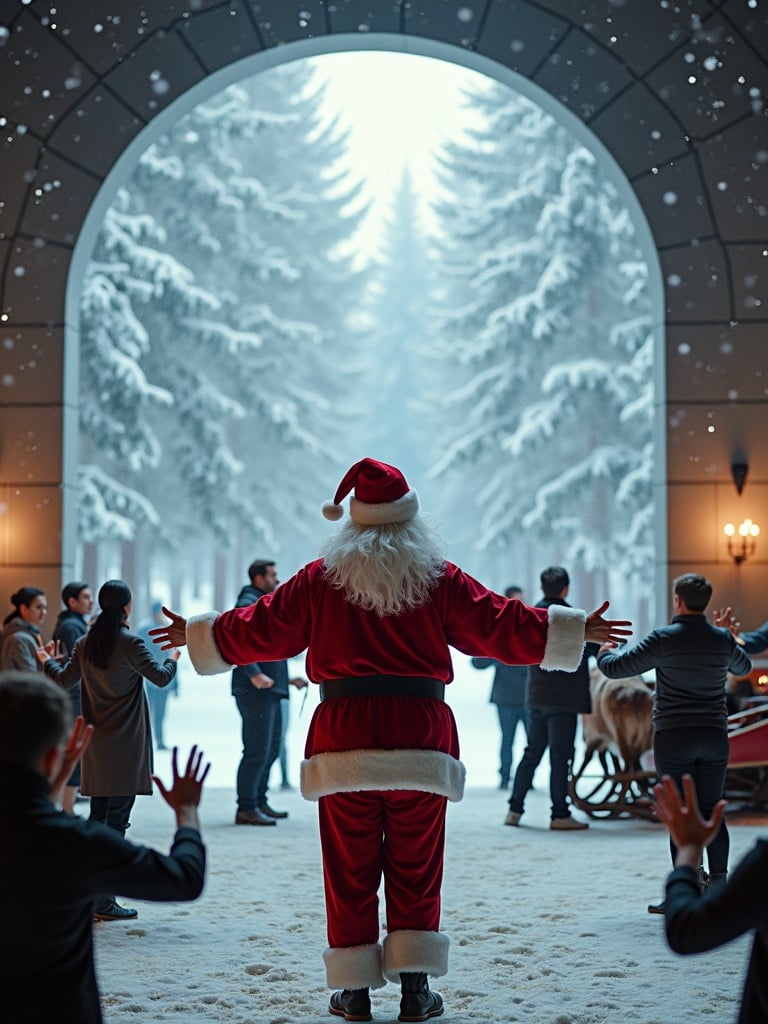 Cinematic image features Santa Claus celebrating with arms wide open. Diverse group performs tai chi around him. Snowy forest is visible through large openings. Sleigh with reindeer parked nearby. Wide shot depicts Santa among beautiful people.