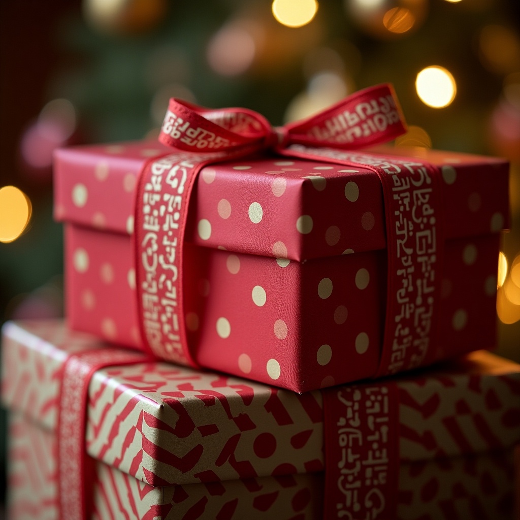 This image showcases two beautifully wrapped Christmas presents stacked together. The top present is decorated with bright red paper featuring white polka dots, elegantly tied with a ribbon. The ribbon has intricate designs in contrasting colors. The background is softly illuminated by warm, twinkling lights, creating a festive ambiance. The second present at the bottom has a whimsical print, adding depth to the composition. This scene evokes feelings of joy and anticipation associated with Christmas gift-giving.