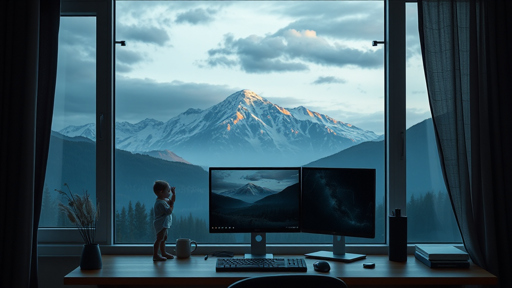 A child stands on a desk by a large window, looking out at a majestic snow-capped mountain.