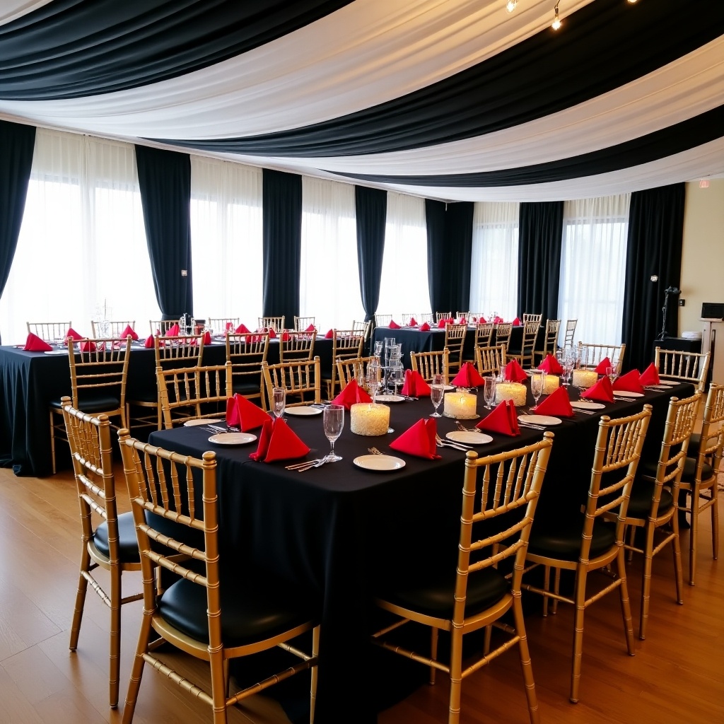 The image depicts an elegant banquet room setup, characterized by large black and white draped sections on the ceiling. It features two rectangular tables adorned with black linens. The tables are surrounded by gold Chiavari chairs. Each place setting includes red napkins and red centerpieces, creating a striking contrast. The atmosphere suggests a refined event, perfect for gatherings such as weddings or corporate functions.