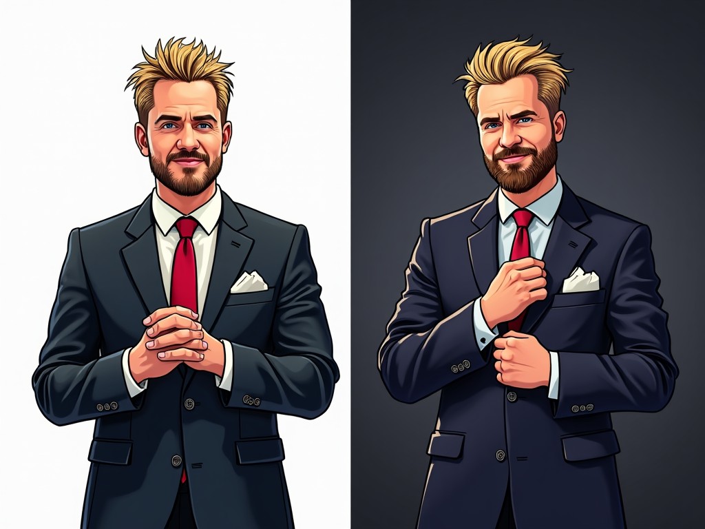 A charismatic businessman in a suit, depicted in a cartoon style, with one version against a white background and another against a dark background.