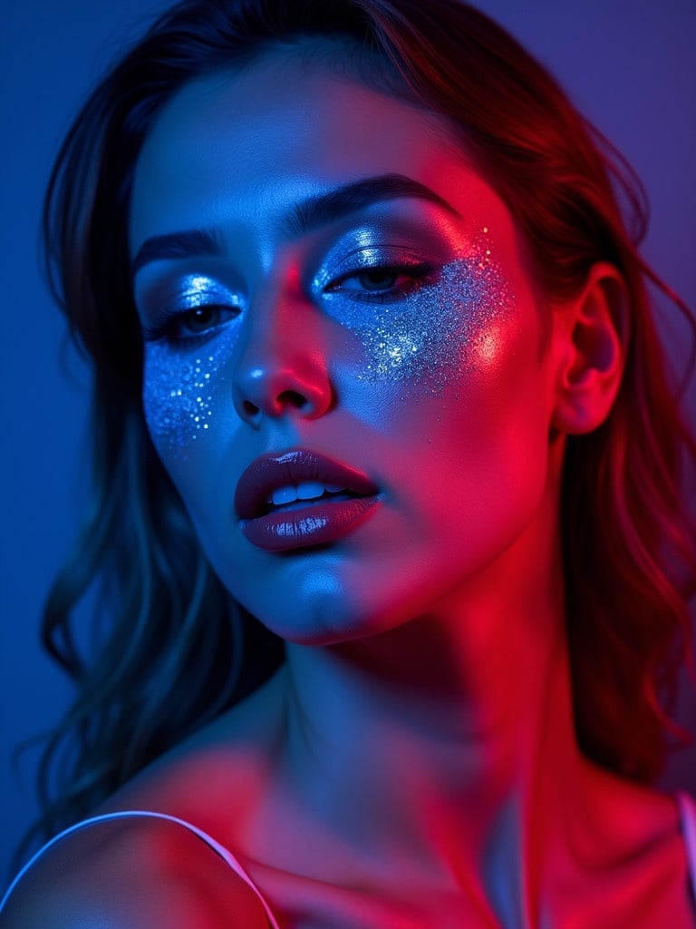 A woman is illuminated by vibrant blue and red lighting. She has glittering makeup on her face. The lighting highlights her features and adds a dramatic effect.