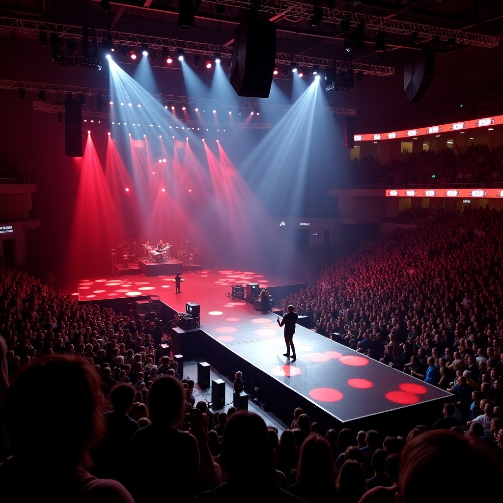 This image captures an electrifying concert scene featuring a performer at Madison Square Garden. The venue is filled with a sea of fans, creating an energetic atmosphere. The stage showcases a T-shaped runway with vibrant red and white lighting illuminating the performer. The aerial view offers a captivating perspective of the entire arena, emphasizing the scale of the event. This is a memorable moment in live music history, perfect for promoting events and music culture.