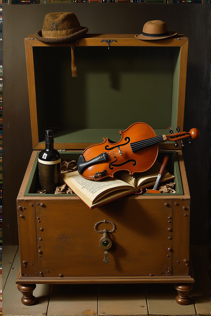 A violin and a book are placed inside an open wooden chest with a bottle, hat, and a key.