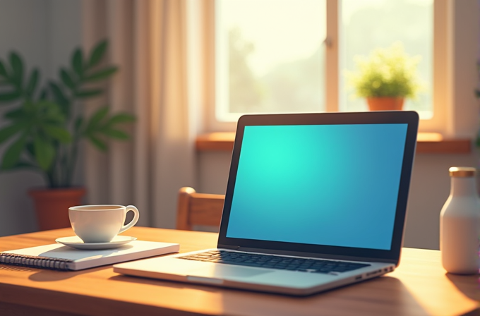 A laptop sits on a wooden table beside a cup and a bottle, with sunlight streaming through the window onto the scene.