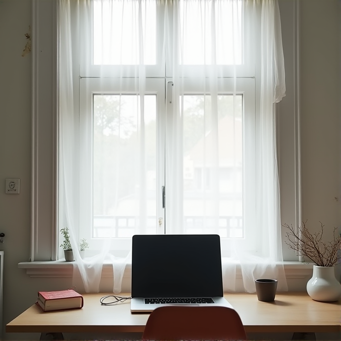 A simple desk setup with a laptop and potted plants in front of a bright window with sheer curtains.