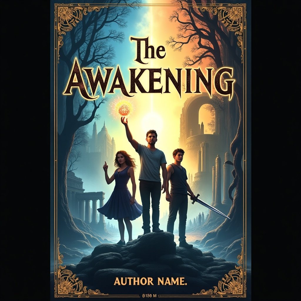 The Awakening features a captivating book cover that showcases three main characters: Cora, Andrew, and Lucas. Cora conjures a glowing magical orb, embodying strength and determination. Andrew stands with a trident pendant, surrounded by swirling water, ready for action. Lucas is forefront, sword drawn, portraying bravery and protection. The background transitions from a dark forest to ancient temple ruins, with a sky split between dawn light and ominous darkness. The cover is adorned with intricate rune designs, enhancing its magical theme.