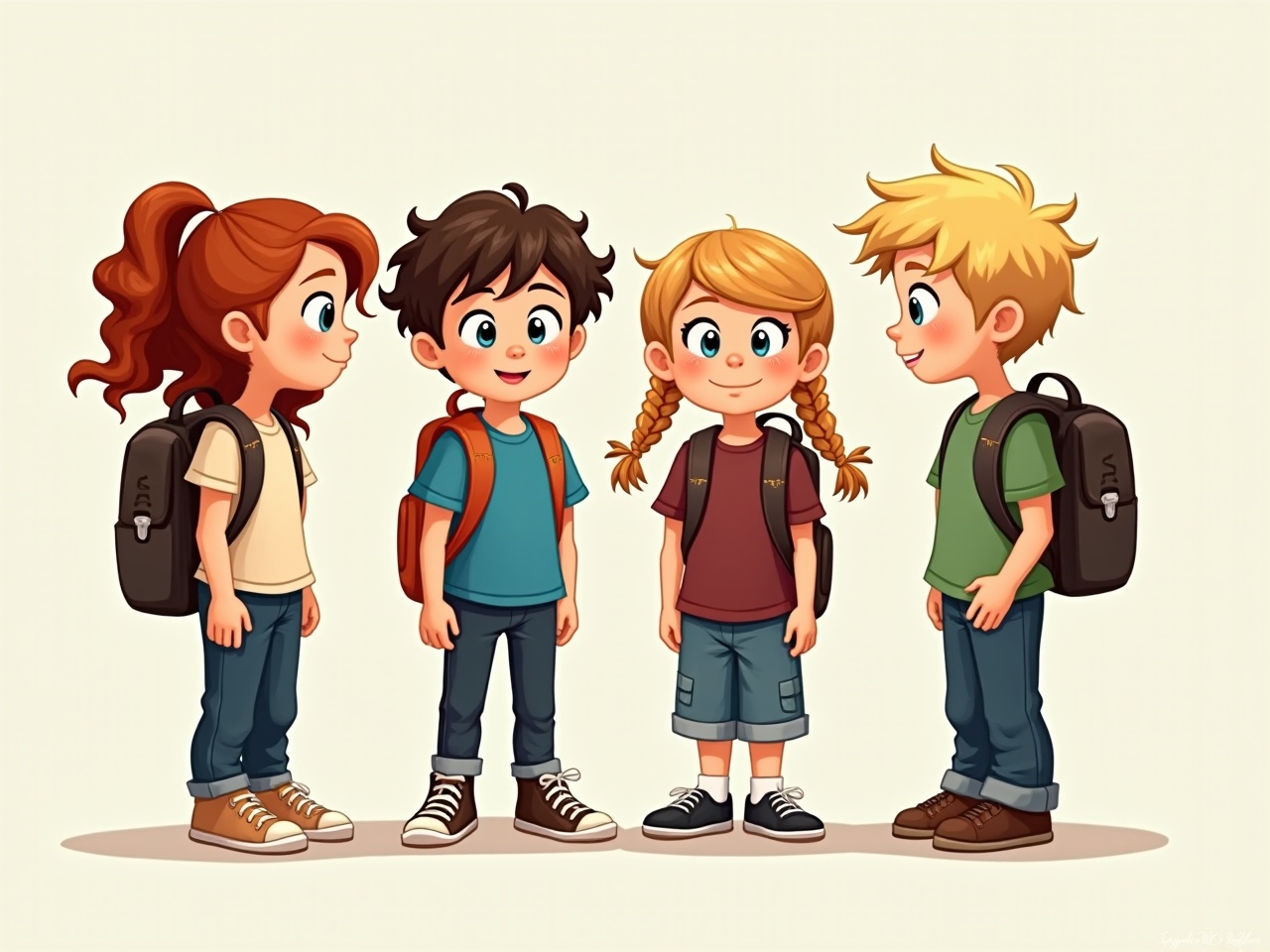 This charming illustration depicts four animated, cartoon-style children standing together, each wearing casual clothes and backpacks. The children appear cheerful and ready for an adventure or day at school. Their bright, animated expressions and colorful attire convey a sense of friendship and excitement.