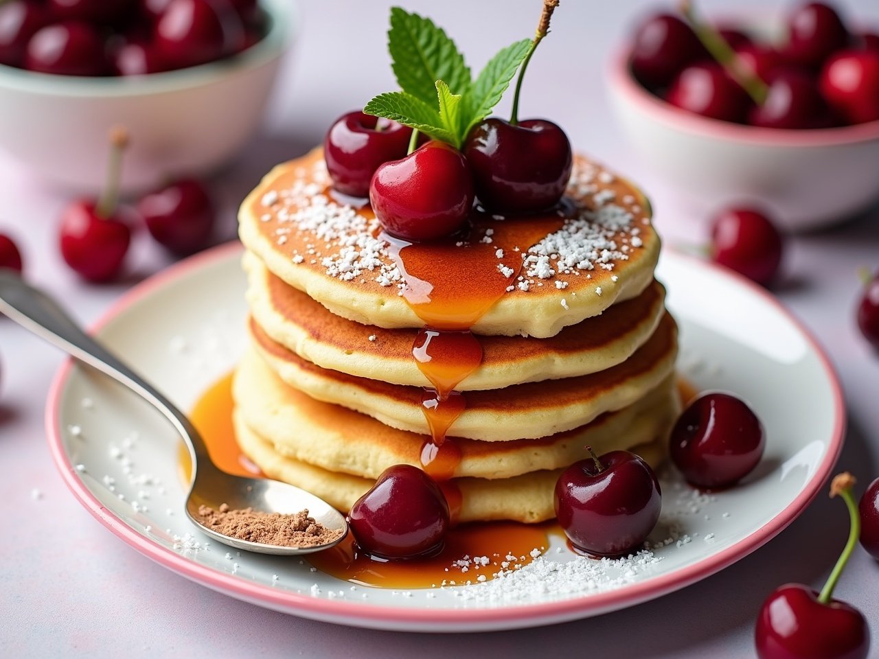 Detailed stock photography of stacked pancakes topped with cherries and syrup. Fresh mint leaf garnish on top. White plate with pink rim. Spoon with powdered sugar on the plate. Bowl of cherries in the background. Scattered cherries around. Vibrant and appetizing presentation.