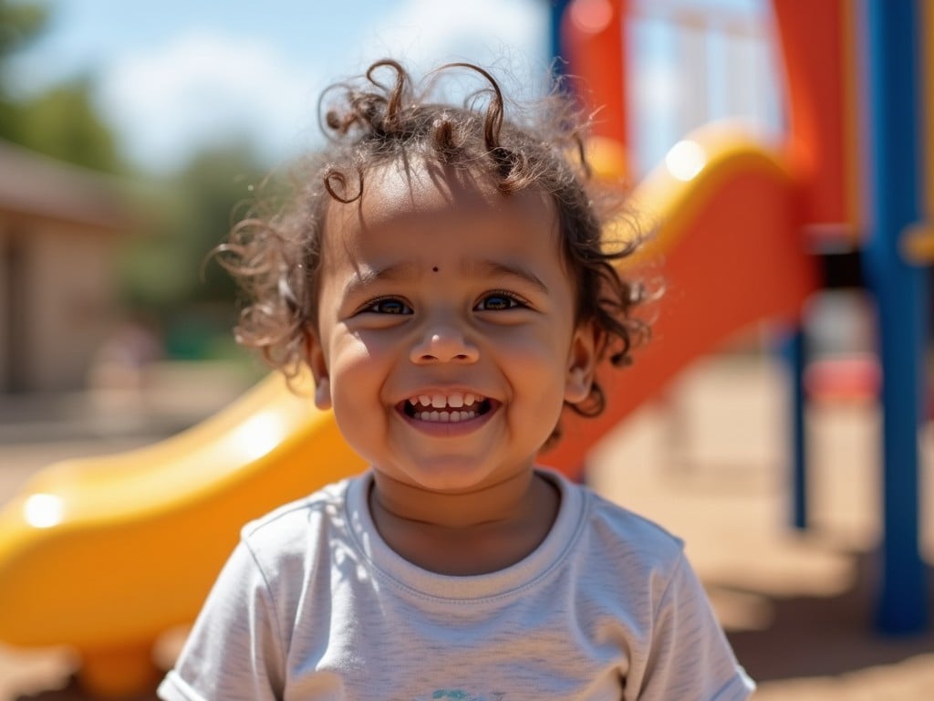 A young child is happily smiling in the foreground, showcasing a joyful expression. The background features vibrant playground equipment, including slides and climbing structures, all set against a sunny day. The child's curly hair and cheerful demeanor add to the scene's warmth. The playground setting evokes a sense of childhood joy and carefree play. This image captures the essence of enjoying outdoor activities during childhood.