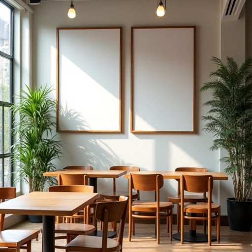 Café interior features large windows and empty frames on the wall. Plants enhance relaxation in the room. Wooden Italian tables and chairs create a modern look.