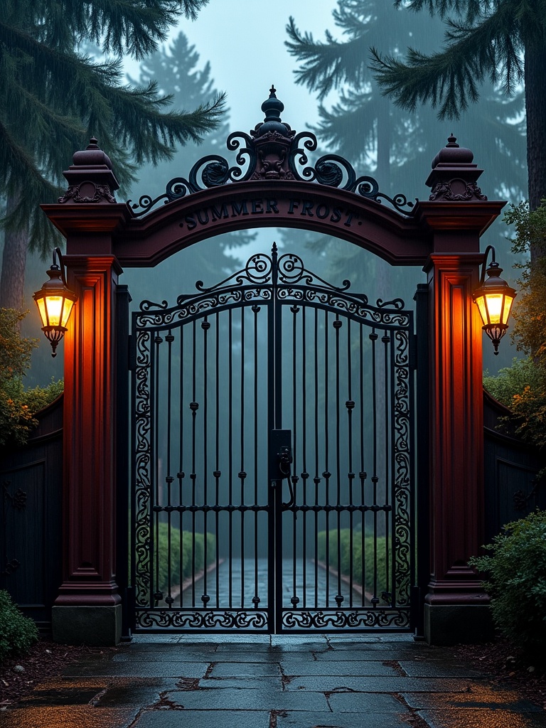 This image features an ornate wrought iron gate framed by red brick pillars, illuminated by glowing lanterns on either side. The inscription 'Summer Frost' is visible on the arch above the gate. Tall pine trees and a misty background enhance the atmosphere, evoking a sense of mystery and intrigue. The dim lighting sets a moody ambiance, suggesting an entrance to a secluded or magical place.