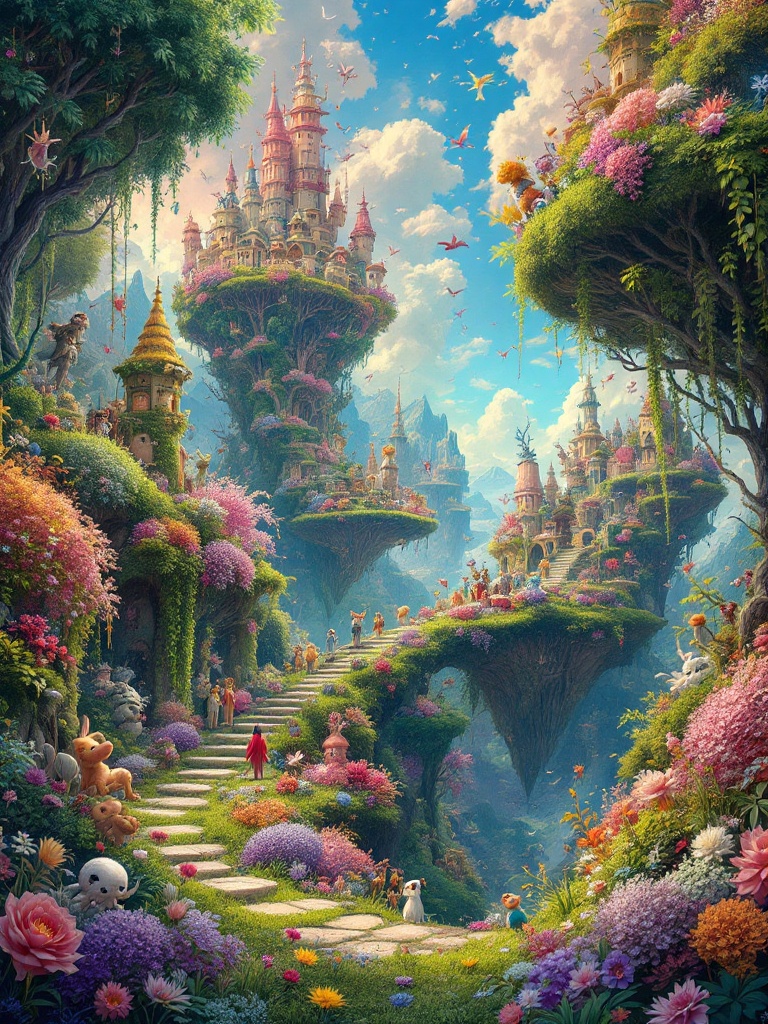 Surreal dreamscape features vibrant landscapes and a whimsical castle with floating islands. Magical creatures inhabit the scene. Flowers and greenery complement the fantasy elements.