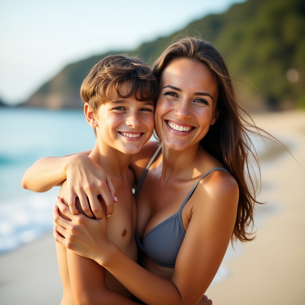 A beautiful woman is wearing a grey bikini while hugging her 12-year-old son. They are both smiling widely. Their expressions convey joy and love. The warm sunlight adds a cheerful atmosphere to the scene. The beach setting creates a relaxed and happy environment, perfect for family moments.