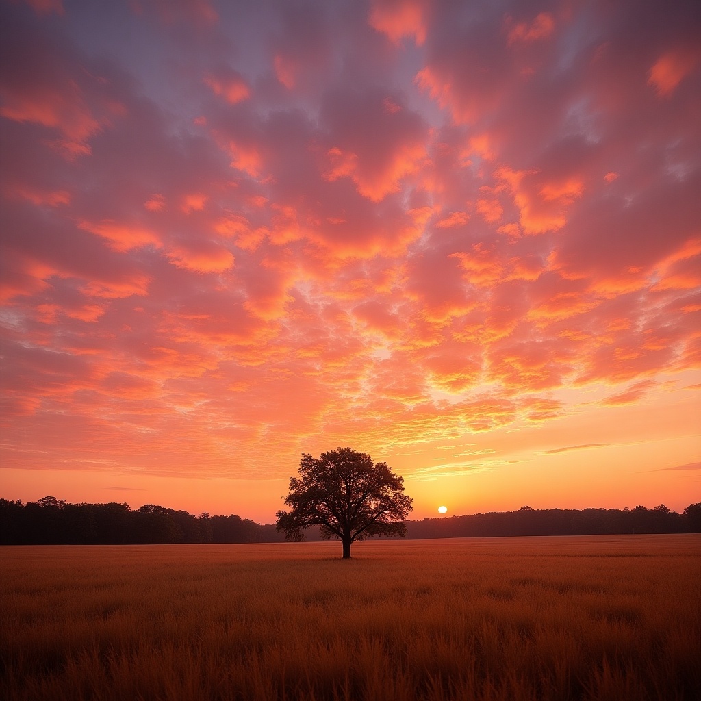 Beautiful sunset with vibrant shades of pink and orange. Clouds create texture in the sky. Silhouetted trees on the horizon. A lone tree in the center of a golden field. Balanced lighting creating a serene atmosphere.