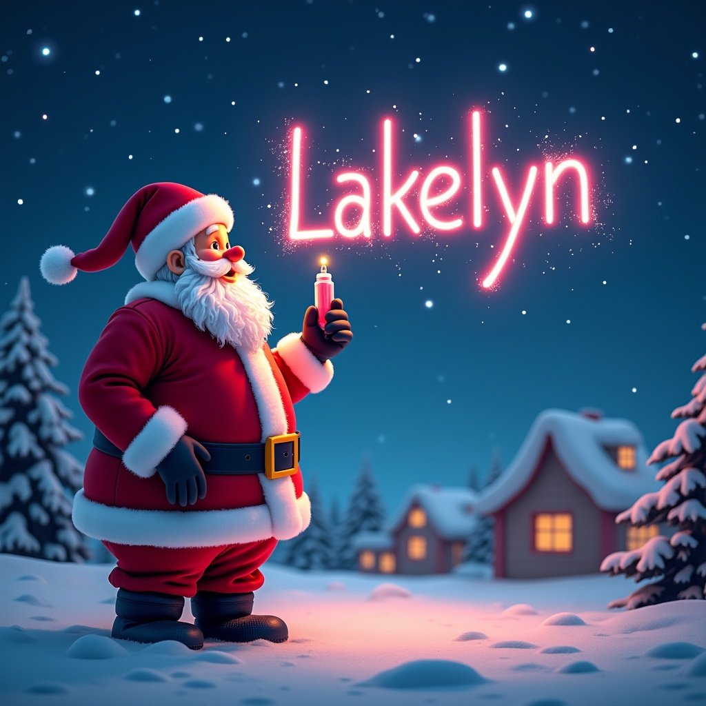 A Christmas scene with Santa Claus writing Lakelyn in the sky. Santa is using a glowing pen. The setting is a snowy landscape with trees and a cozy house.