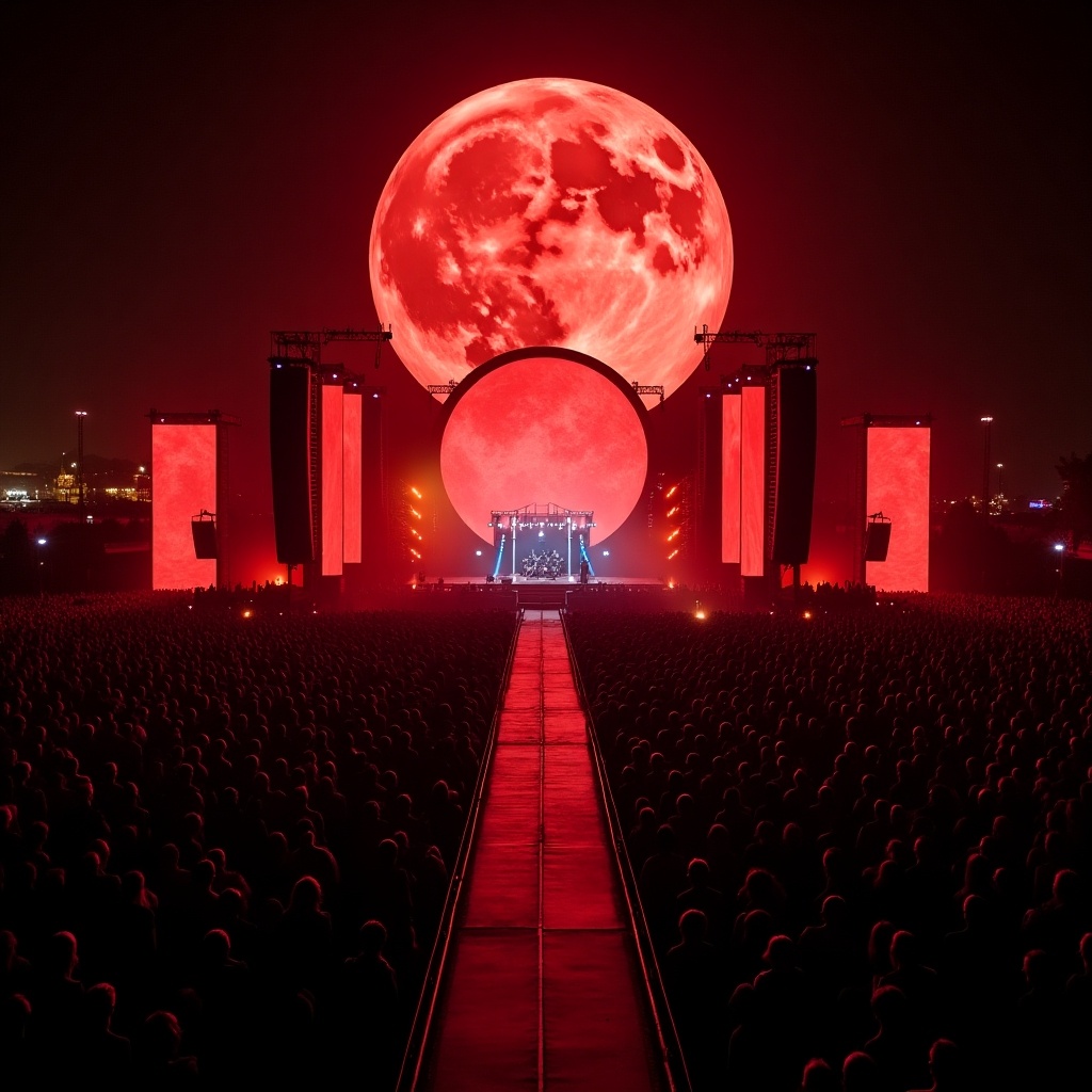 This image captures a stunning concert setup featuring a large, vibrant red moon as the backdrop on stage. The scene is lively with dramatic lighting and a thrumming vibe that resonates with the audience. It appears to be taken from a drone perspective, showcasing both the performance area and the packed audience. The pathway leading to the B stage runway adds depth to the viewing experience. The overall ambiance is electric, highlighting the excitement of a live music event.