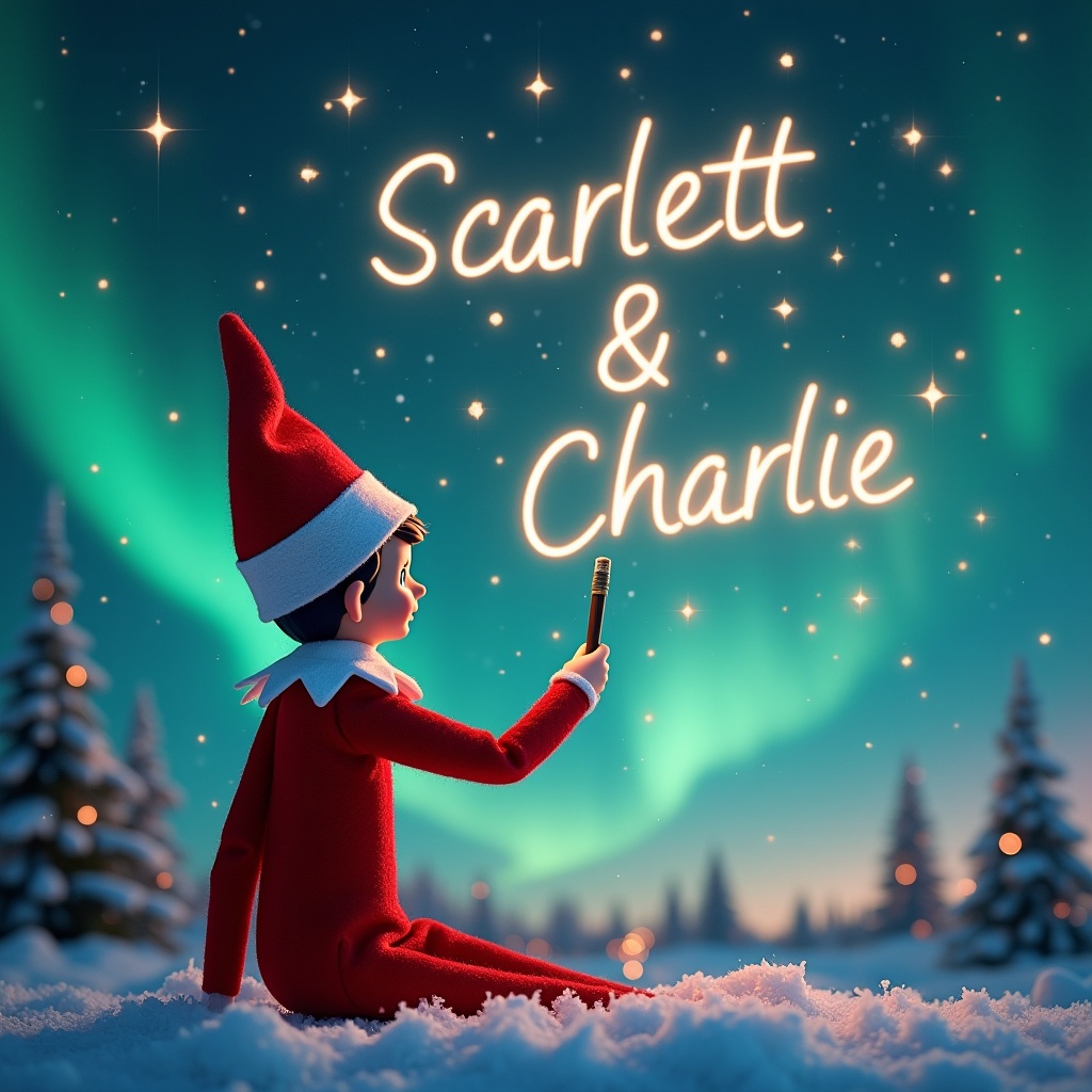 This image features an elf on the shelf, sitting on a snowy landscape with his back facing the viewer. He is gazing up at the sky where he is using a magic wand to write in elegant letters 'Scarlett & Charlie'. The background is a stunning display of northern lights, creating a magical ambiance typical of Christmas. The elf's red outfit contrasts beautifully with the snow. This whimsical scene captures the enchantment of the holiday season, inviting viewers into a world of magic and wonder.