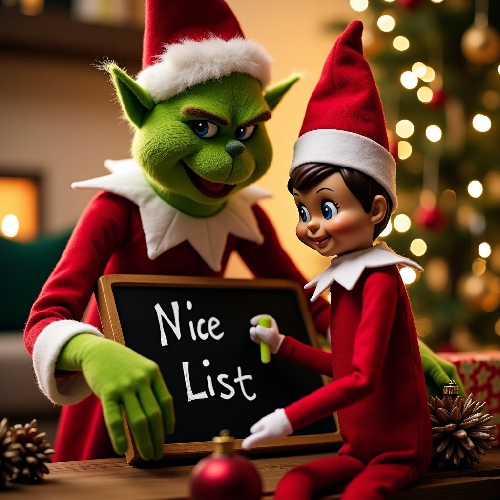 Grinch and Elf on the Shelf in red suits writing Nice List on a black chalkboard. Brightly decorated Christmas tree in background. Warm festive atmosphere.