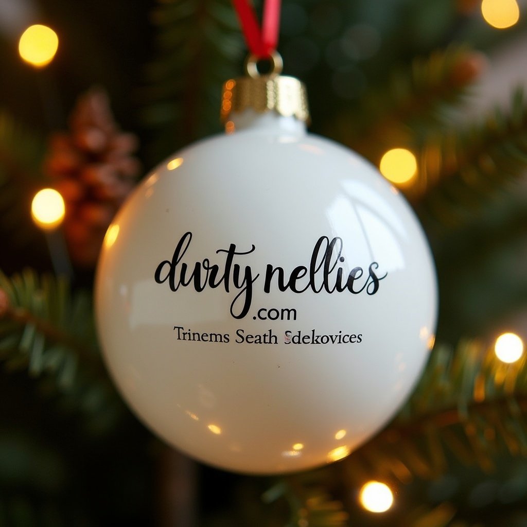 White Christmas bauble displaying brand logo durtynellies.com. Bauble hangs on a Christmas tree. Twinkling lights create a festive atmosphere. Perfect for showcasing holiday spirit.