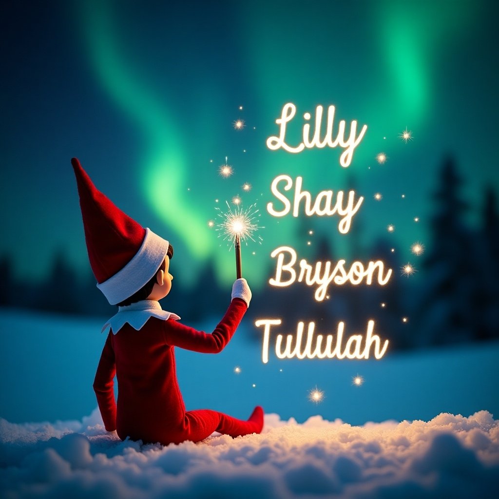 Elf on the shelf faces a dark sky. Northern lights illuminate the scene. Elf holds a magic wand. Names Lilly Shay Bryson Tullulah sparkle in the sky. Snowy ground enhances the magical setting. Traditional red outfit adds to the festive vibe.