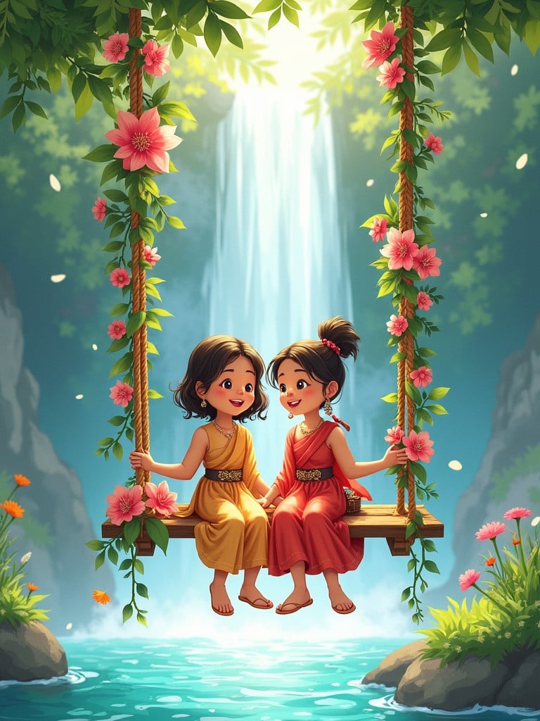 Illustration features two children on a swing surrounded by flowers. A waterfall cascades in the backdrop. Lush greenery fills the scene. Children wear traditional colorful outfits. Joy and connection are expressed between them. The atmosphere is dreamy and serene.