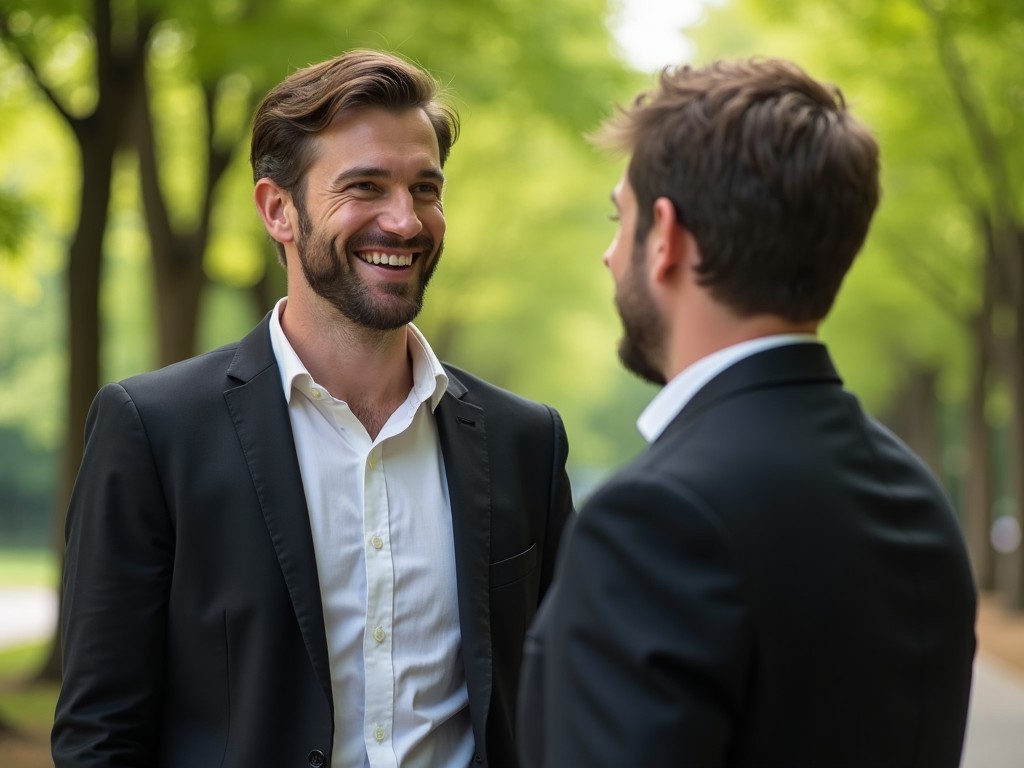 A man in a black suit is happily talking with his friend. They are engaged in a lively conversation, showcasing joy and camaraderie. The setting is outdoors, surrounded by lush green trees. Both men are dressed in formal attire, suggesting a professional context. Their facial expressions reflect happiness and a strong connection between them.