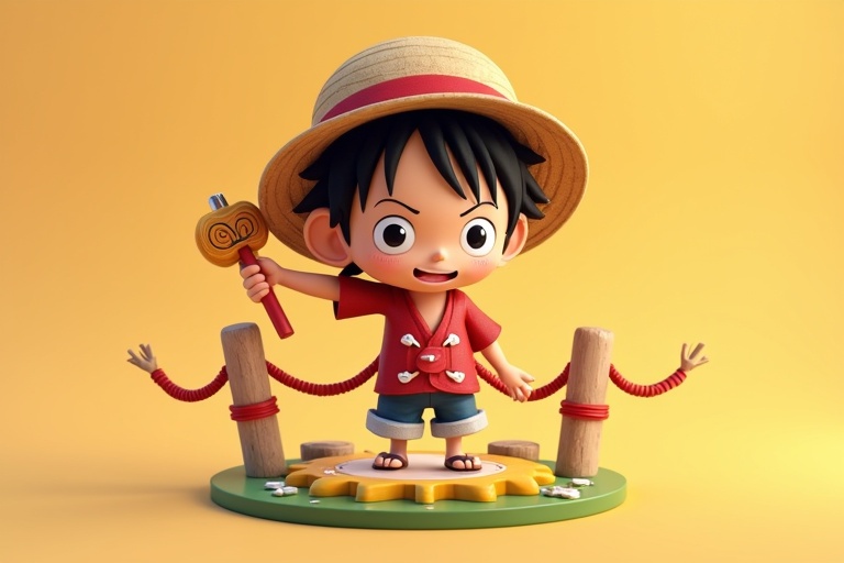 Create isometric 3D image of character in chibi form. Character holds a wooden hammer. Character wears a straw hat and red shirt. Background features playful design elements.